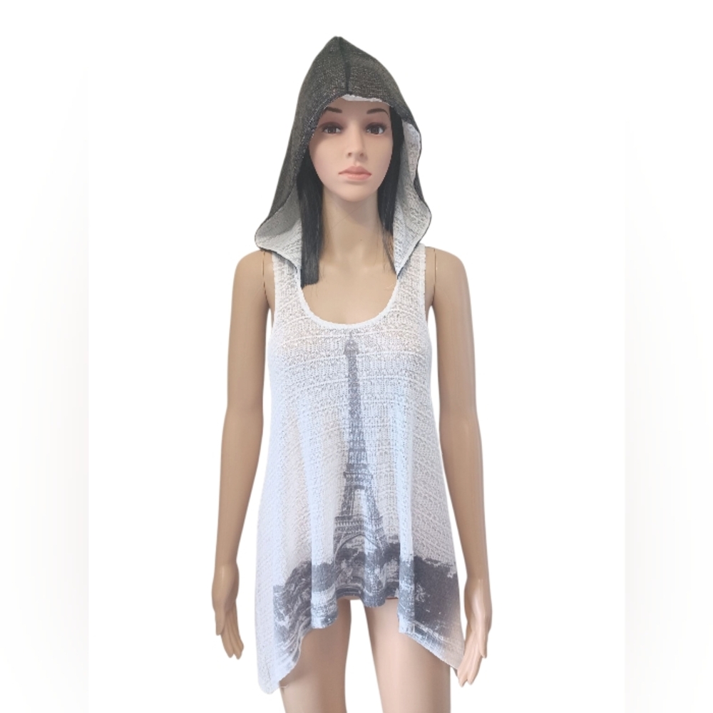 NWT Paris Sleeveless Hoodie White with Black Sparkly Hood!